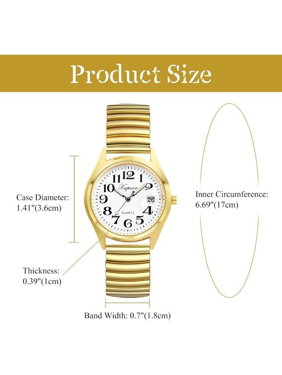 Womens Gold Analog Quartz Luminous Easy Reader Stretch Band Calendar Wrist Watch